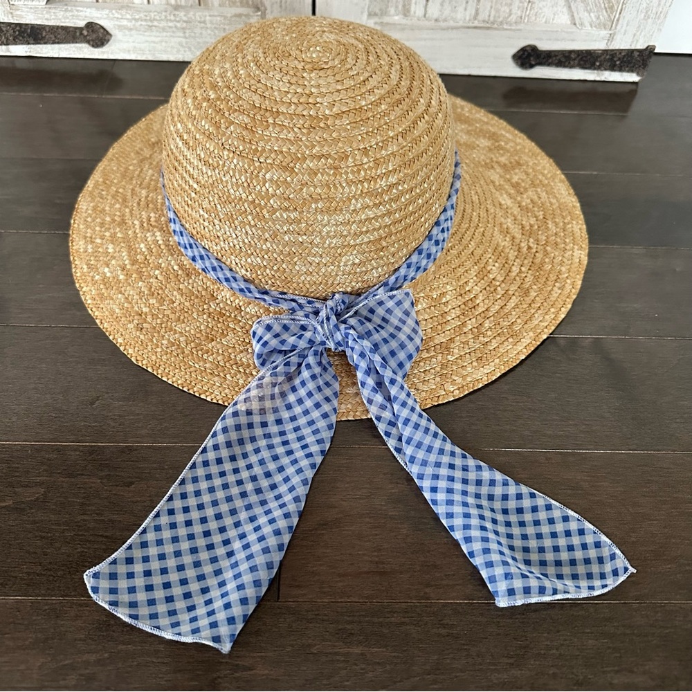 NWT Talbots Straw Brim Hat Blue White Gingham Ribbon Beach Spring Summer Sun - Picture 2 of 5